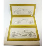 Three pen and ink sketches of cars by SGW 1967 - 15 x 37cm, unframed