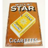 A large enamel advertising sign for Wills Star cigarettes , 62 x 92cm