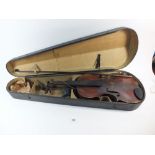 An English made violin circa 1820, 14 inch, two piece back with case and bow