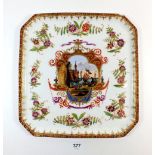 A Dresden porcelain tray painted reserve of harbour scene within floral surround, crowned D mark