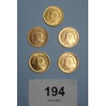 Gold Iran coins (5): 1/4 Pahlavi, circa 1975-78, reform coinage, obverse: Bust of Muhammad Reza