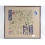 A mid 20thC 'Heraldic' map of Gloucestershire, limited edition number 1 of 250 - 44 x 49cm