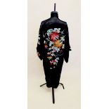A 1930s Japanese black silk Kimono with Chrysanthemum and other floral embroidery to front sleeves