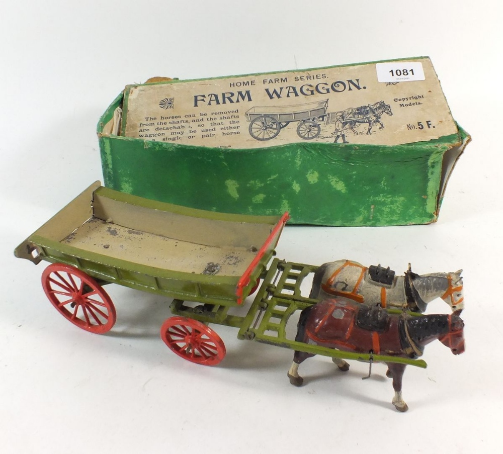 A W Britains farm wagon, No 5F with two horses, boxed