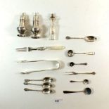 Various silver cruet spoons, two pepper pots, sugar tongs, and a cut glass snuff bottle, weighable