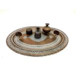 A Middle Eastern oval silvered copper tray with engraved decoration, 47 x 66cm and various other