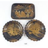 An early 19th C chinoiserie papier mache tray (21x15cm) & two later Victorian scalloped edge