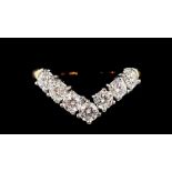 An 18 ct gold diamond wishbone ring set five diamonds (total 1 ct), size Q to R