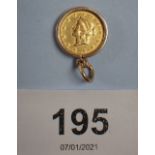 A USA gold Liberty head dollar type I 1850 encased with loose necklace surround, unfortunately