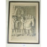 An early 19th century engraving 'The Surprising Bet Decided', showing men grouped inside a huge