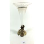 A 19th century etched glass table centrepiece flute with silver plated chicken to foliage base