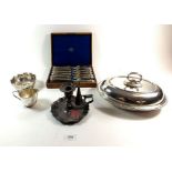 A silver plated entree dish, a fish cutlery set boxed, jug and sugar bowl