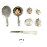 Two silver miniature hand mirrors, a silver and mother of pearl fruit knife, silver locket and three