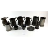 Seven various antique pewter tankards, salt and pepper etc