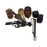 A collection of kitchenalia including three small antique beer & sherry barrels, wicker flagon,