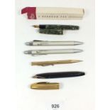 A selection of pens to include Burnham B48, Sheaffer white dot with 14ct gold nib, yellow metal '