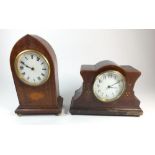 Two Edwardian small mantel clocks with inlaid decoration, tallest 24cm