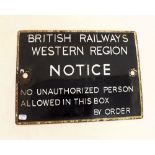 An antique enamel railway sign, Western Railways Western Region signal box notice, reputed by vendor