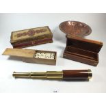 A group of misc. items to include a reproduction three drawer telescope in box, copper pedestal