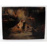 George Armfield - oil on canvas - hunting dogs resting in interior scene - signed, 30 x 40cm