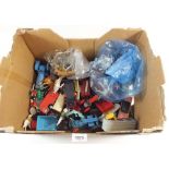 A box of die cast cars including Dinky and Corgi plus various animals