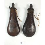Two 19thC Sykes powder flasks with leather coverings