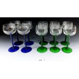 Six green stemmed hock glasses and four with blue stems