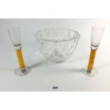 An Orrefors faceted glass bowl by Berit Johansson together with two Orrefors amber stem liquor