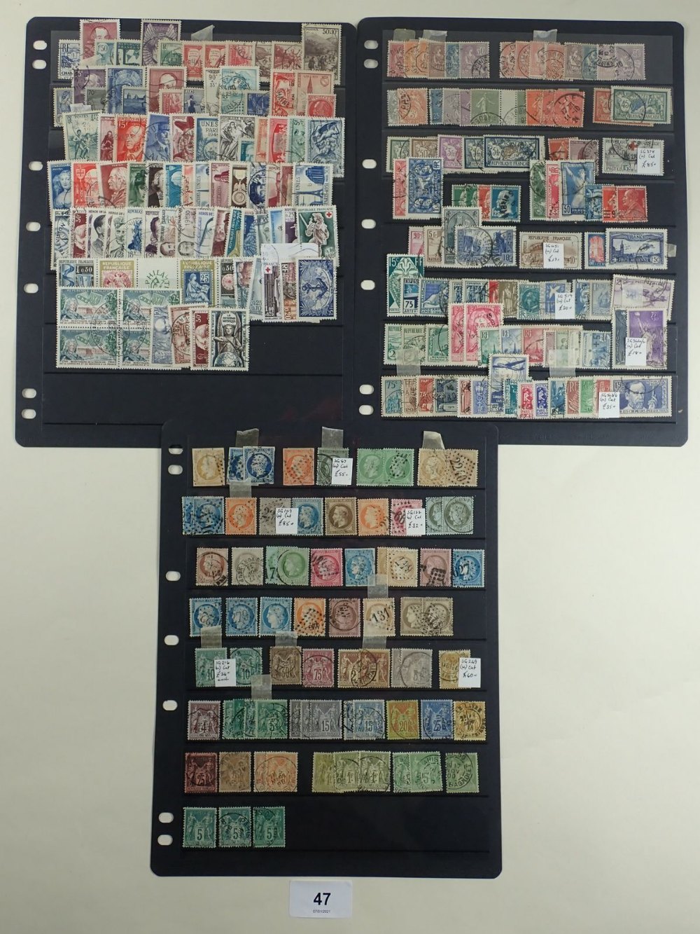 Mid 19thC to early 20th C used French stamps on 3 stock-sheets. stamps of particular note incl SG87,