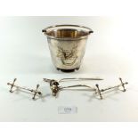 A silver plated ice bucket and various other silver plated items