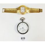 A Waltham metal pocket watch together with a gold plated 1970's Swiss wristwatch