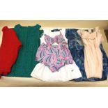 A box of 1960's vintage clothing including shorts and bra top, tennis dress, evening dress,