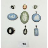 A selection of Wedgwood Jasperware and silver jewellery to include brooches, pendants and rings