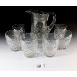 A cut glass jug and six tumblers
