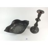 A German pewter Art Nouveau bowl together with a 19thC pewter candlestick