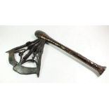 An African Congo Nzappa Zap or Kilonda axe with copper clad handle and iron work head decorated