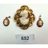 A Victorian scrollwork framed cameo brooch and a pair of 9ct gold cameo pendant earrings