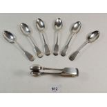 A set of six silver teaspoons and tongs, Sheffield 1900 by John Round, 254g