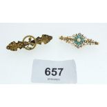 A Victorian gold brooch set turquoise and seed pearls (unmarked) and a Victorian 9ct gold brooch set