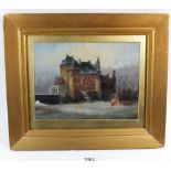 A late 19th/early 20thC oil on board of a castle in winter, Unsigned, 15.5x21.5 cm