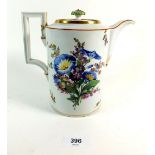 A Meissen coffee pot with painted floral spray, repaired to handle, crossed swords mark to base