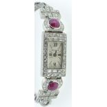 An Agassiz platinum Art Deco ladies cocktail watch set diamonds and two cabochon cut rubies (strap