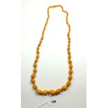 A yellow amber bead necklace, 82gm, largest bead 2.5cm long