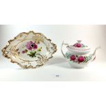 An early 19th Staffordshire teapot painted pink and blue flowers a/f and an oval dish painted