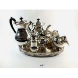 A silver plated tea set and other silver plate on tray
