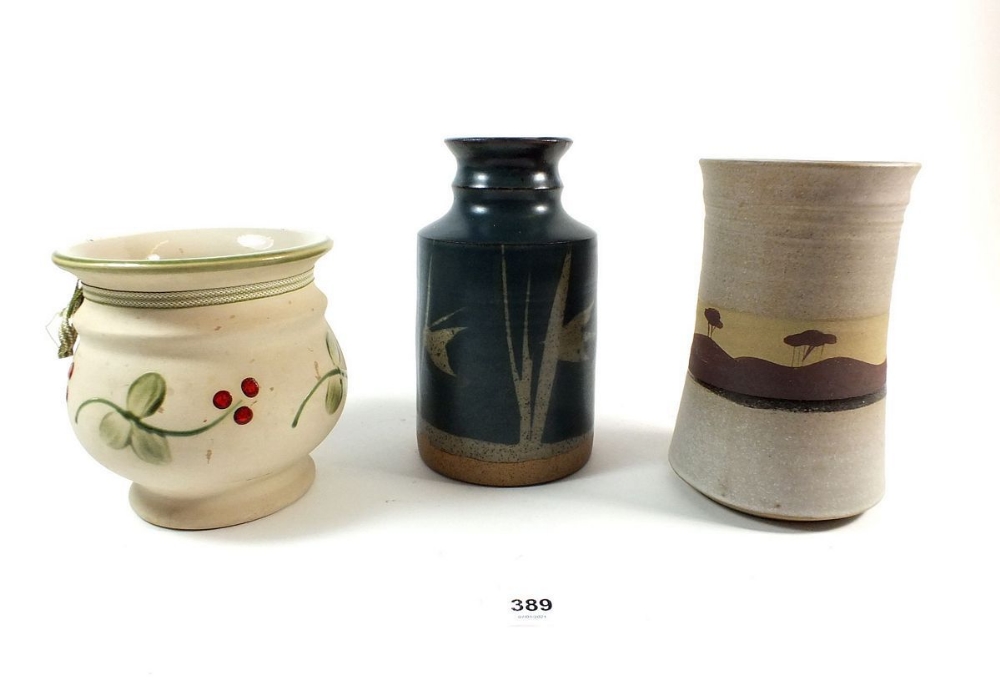 A Swedish studio pottery vase, a Finnish Studio pottery vase and a Welsh one, tallest 17cm tall