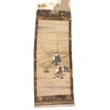 A Japanese antique watercolour - scroll painted women seated painting and reading