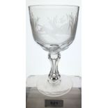 A Victorian cut glass goblet engraved hunting scene with dog and ducks amongst the reeds, 17cm
