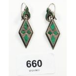A pair of silver and malachite lozenge form drop earrings