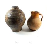 A large 18th century stoneware vase (32cm) and a pottery jug a/f